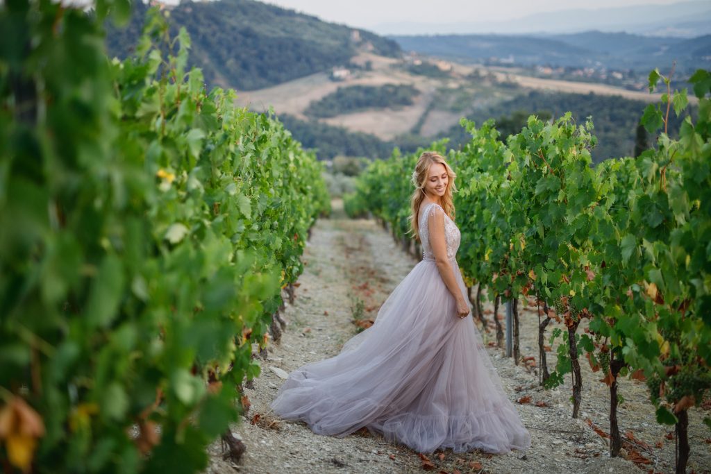 a bride in the vineyards in Tuscany